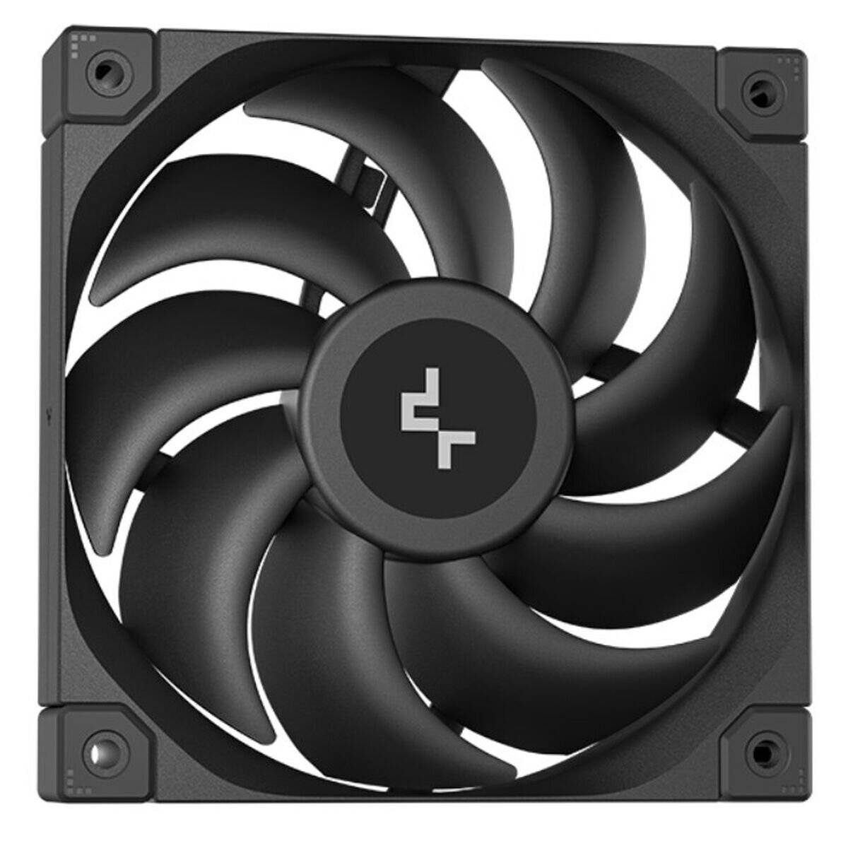 Ein schwarzer Computer-Kühlventilator mit mehreren Rotorblättern, der ein Logo in der Mitte trägt. Der Ventilator ist aufrecht positioniert.
