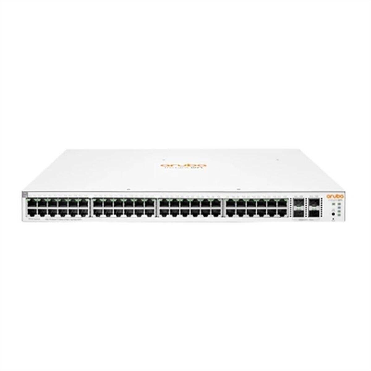 Ein weißer, rechteckiger Netzwerk-Switch mit mehreren Ethernet-Ports auf dem Frontpanel, auf der Oberseite mit dem Aruba-Logo versehen.