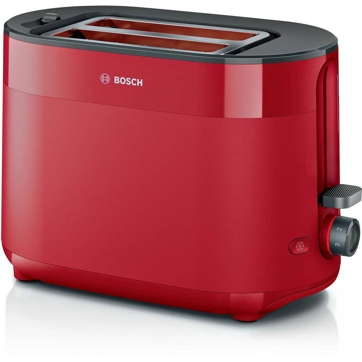 Ein roter Bosch-Toaster mit zwei Schlitzen und einem seitlichen Einstellknopf für den Bräunungsgrad.
