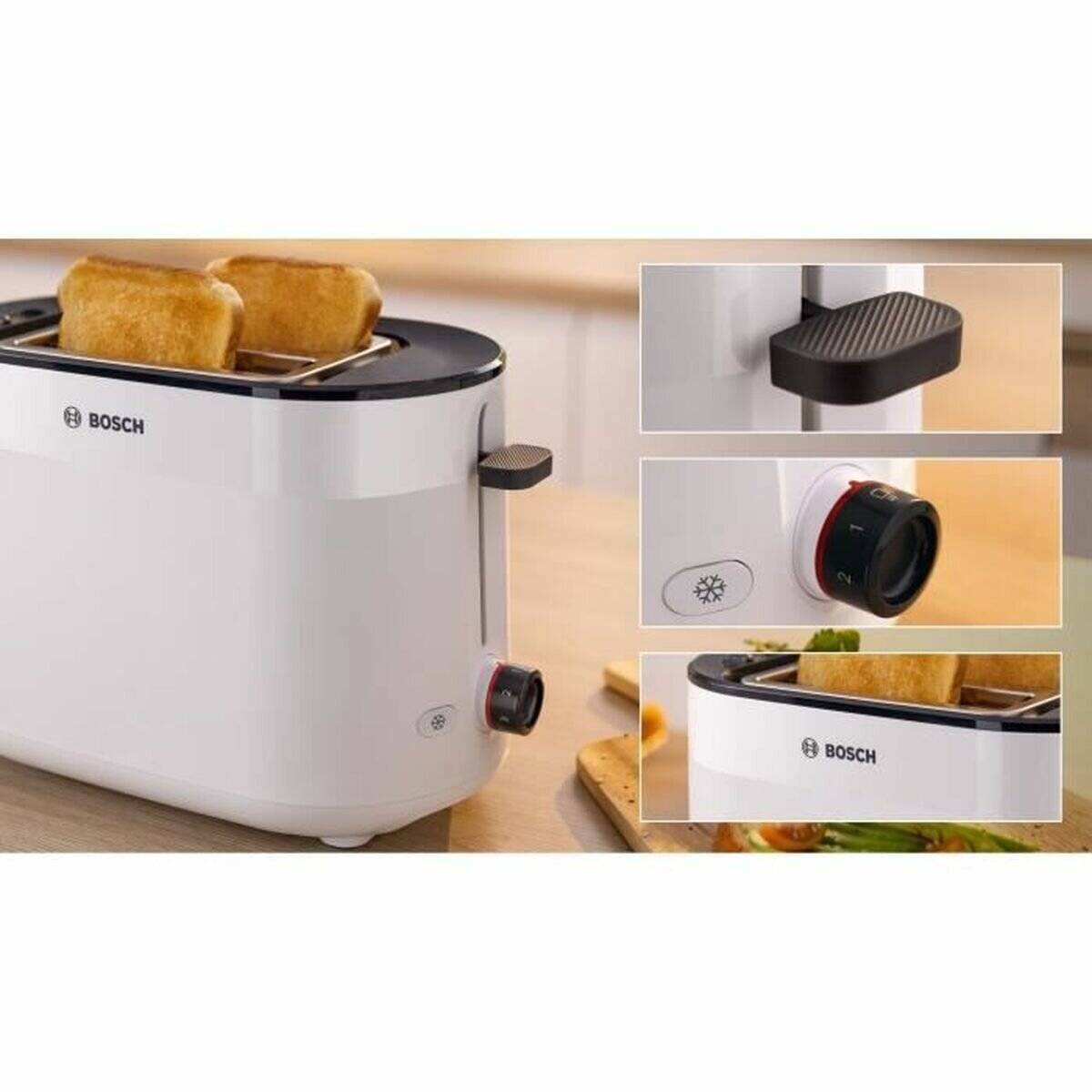 Bosch-Toaster mit getoastetem Brot. Detailaufnahmen zeigen Griff, Temperaturwählscheibe mit Auftau- und Einstellungssymbolen. Hintergrund einer Küchenarbeitsfläche.