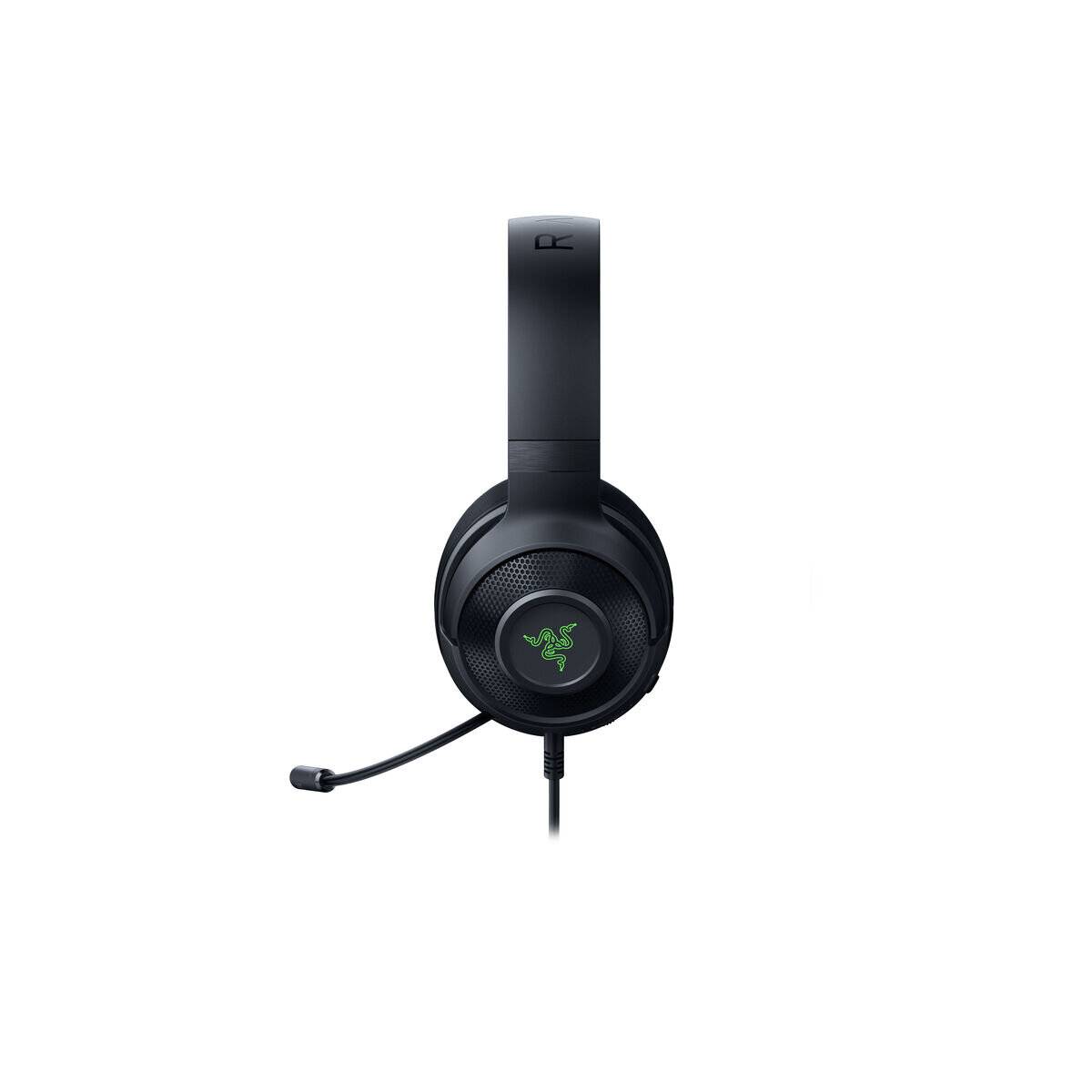 Ein schwarzes Gaming-Headset mit Mikrofon und grünem Logo auf der Ohrmuschel wird vor einem weißen Hintergrund gezeigt.