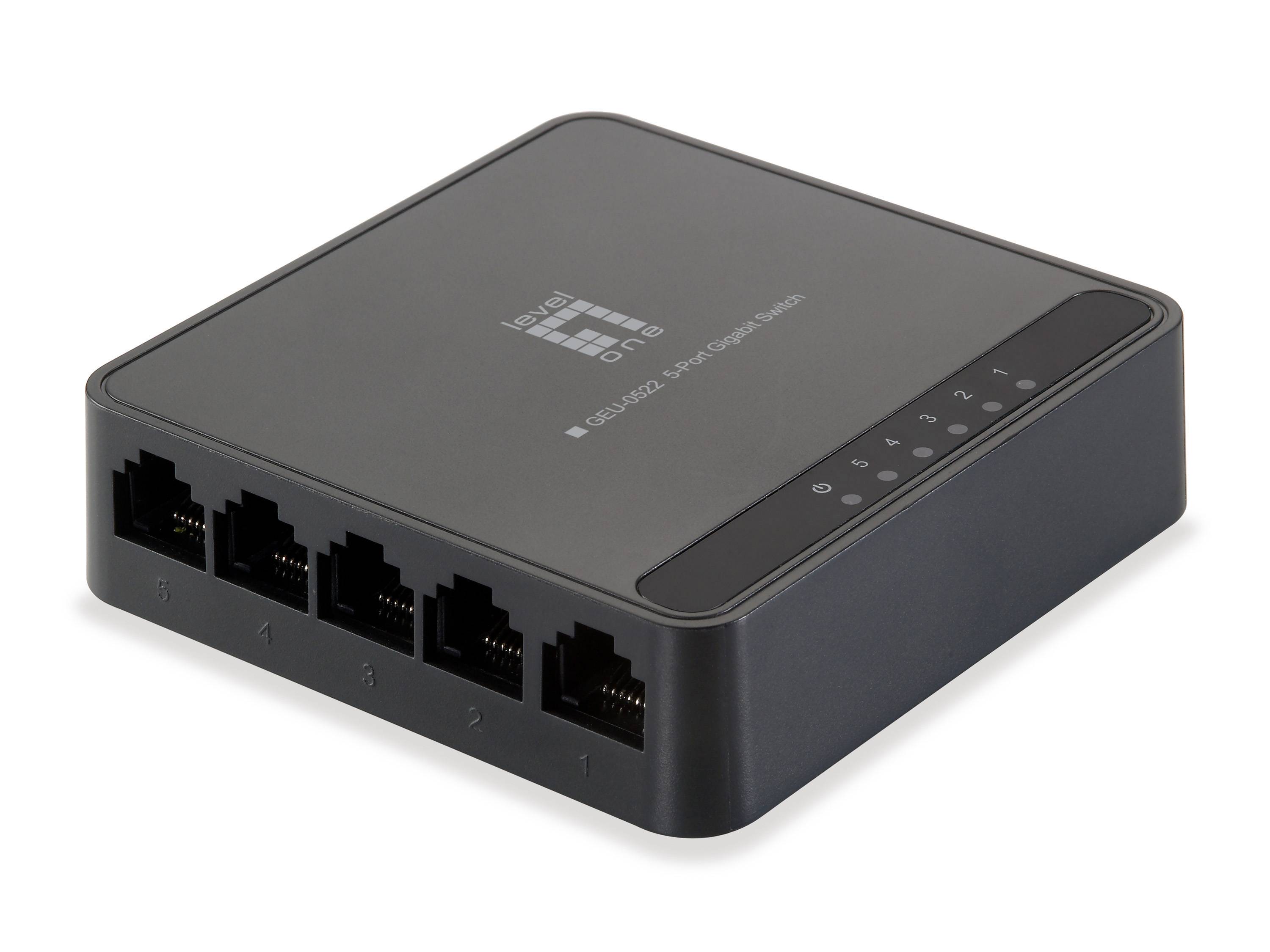 Ein kleiner schwarzer Netzwerk-Switch mit fünf Ethernet-Anschlüssen und Statusleuchten auf der Vorderseite, dargestellt vor weißem Hintergrund.