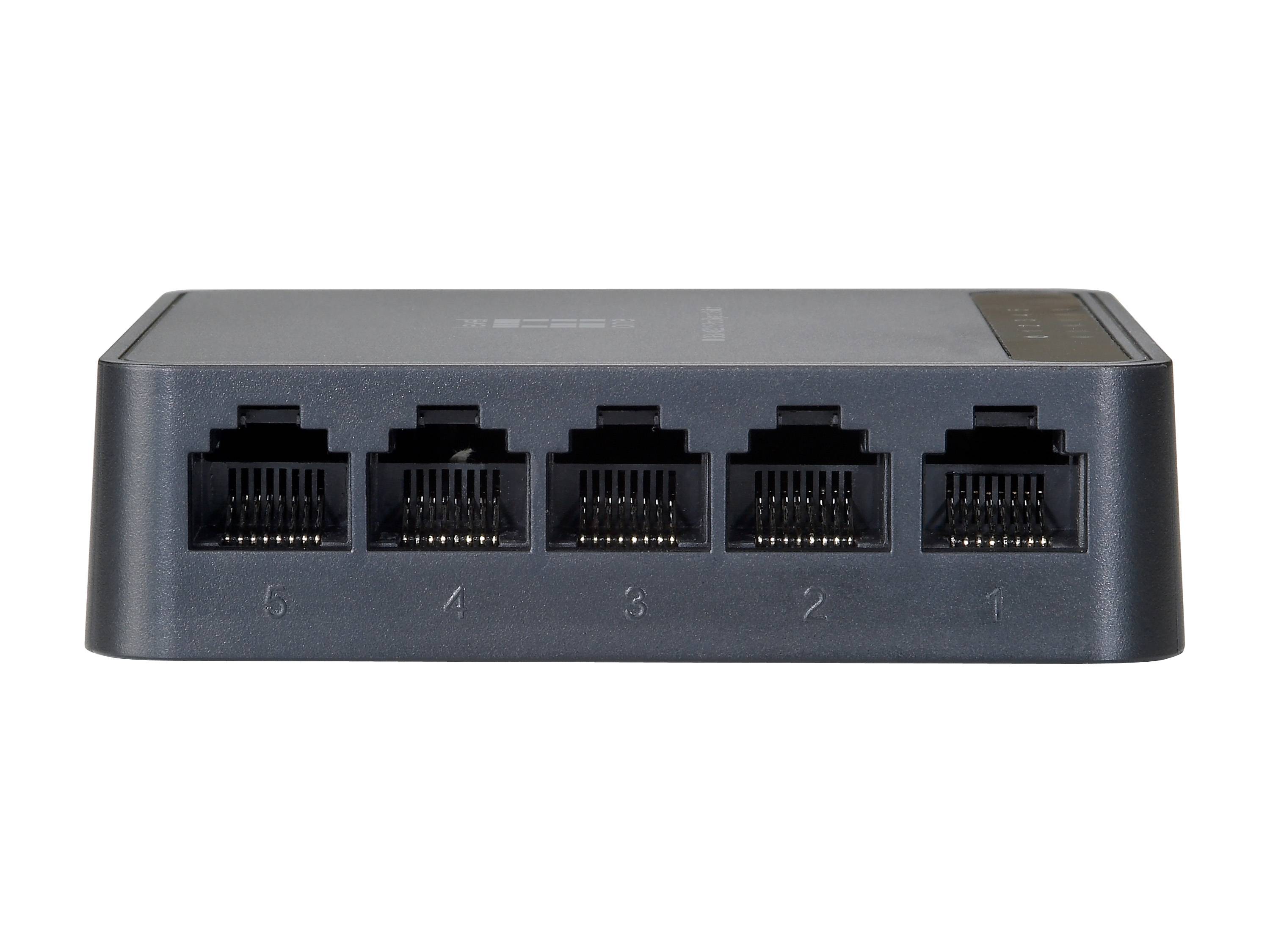 Vorderansicht eines schwarzen 5-Port-Ethernet-Netzwerk-Switches mit nummerierten RJ45-Anschlüssen 5 bis 1 auf weißem Hintergrund
