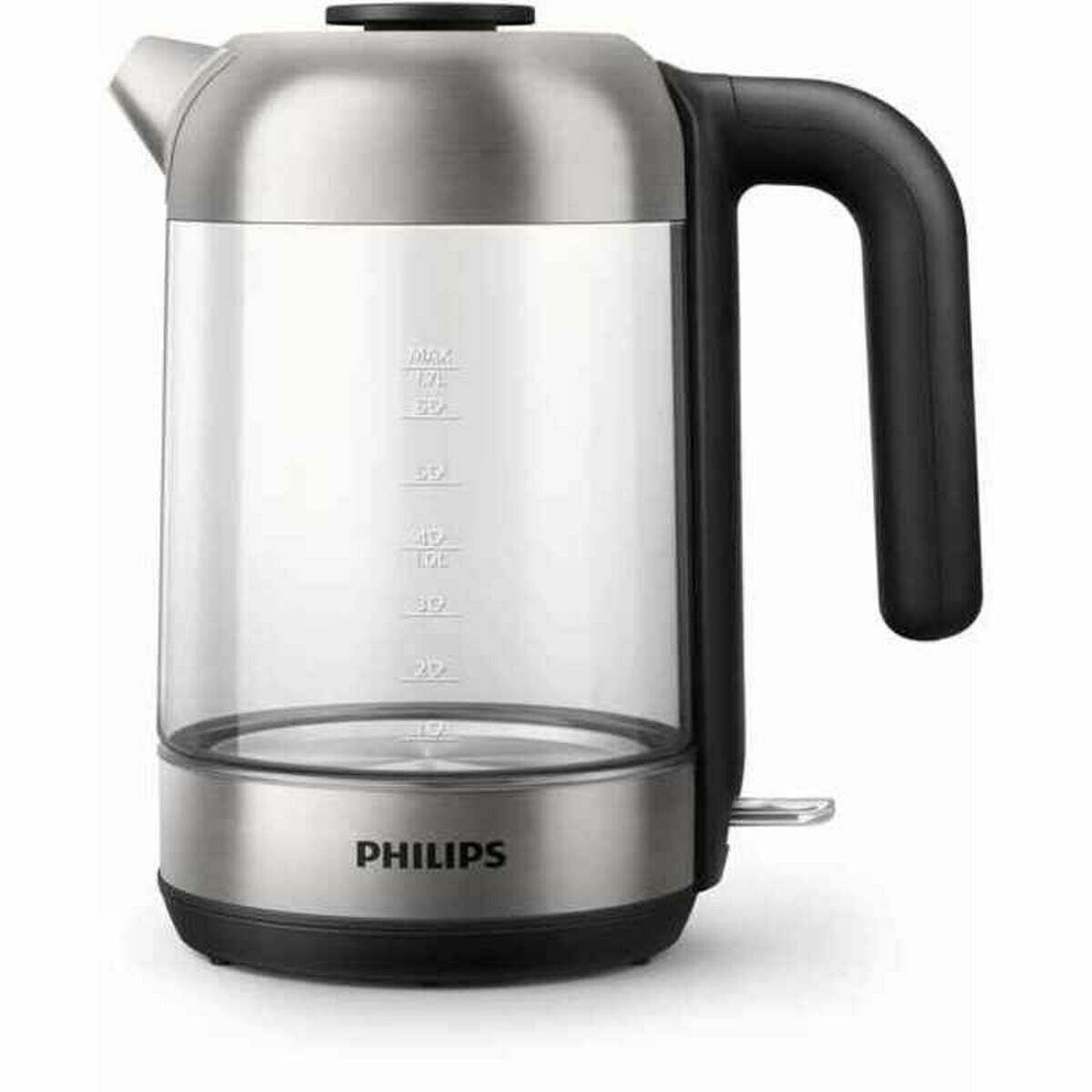 Ein Wasserkocher aus Edelstahl und Glas mit schwarzem Griff und Ausguss, mit Wasserstandsmarkierungen versehen, der die Marke 'Philips' trägt.