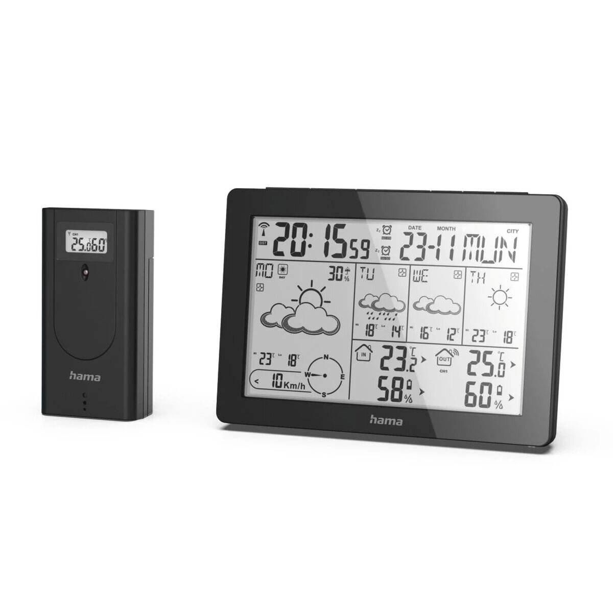 Digitale Wetterstation mit Anzeige von Uhrzeit, Datum, Temperatur (23°C innen, 25,6°C außen), Luftfeuchtigkeit und Wettervorhersage mit Symbolen.