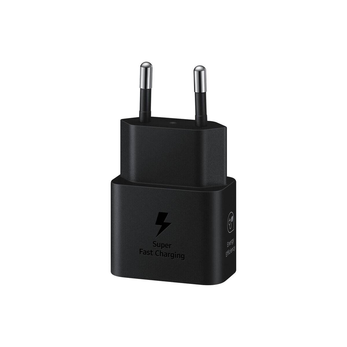 Schwarzer USB-Wandladegerät mit zwei Stiften und 'Super Fast Charging'-Text an der Seite.