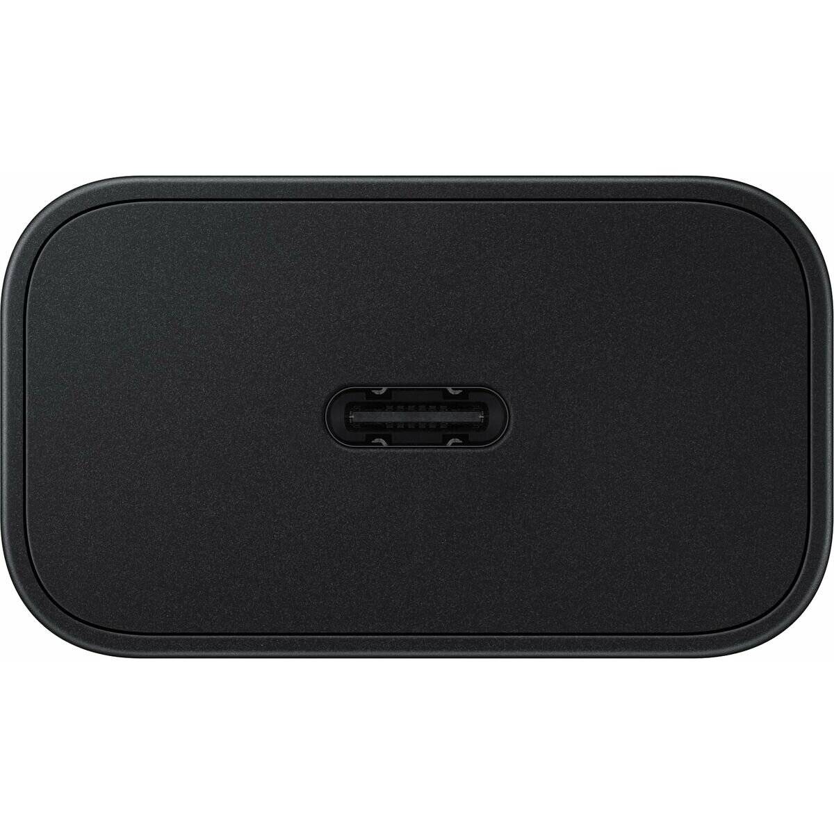 Ein schwarzer rechteckiger USB-C-Wandladegerät, von oben betrachtet.