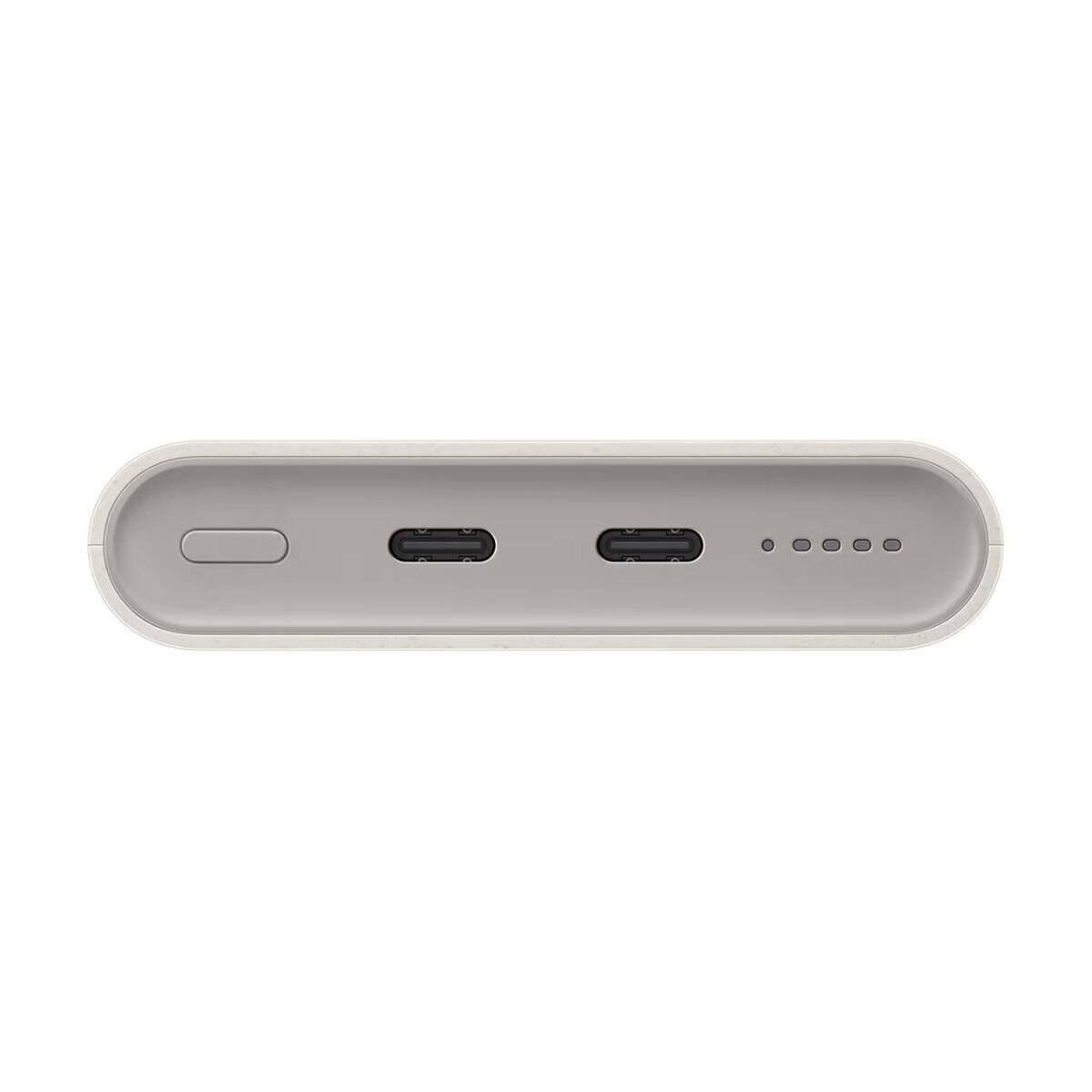 Ein USB-C-Dockingstation mit zwei USB-C-Anschlüssen, einem Einschaltknopf auf der linken Seite und LED-Anzeigelampen auf der rechten Seite.