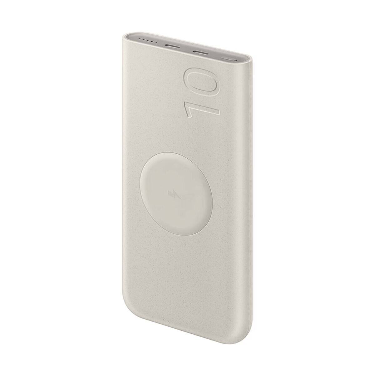Eine schlanke, beige Powerbank mit einer drahtlosen Ladeoberfläche und der Zahl „10