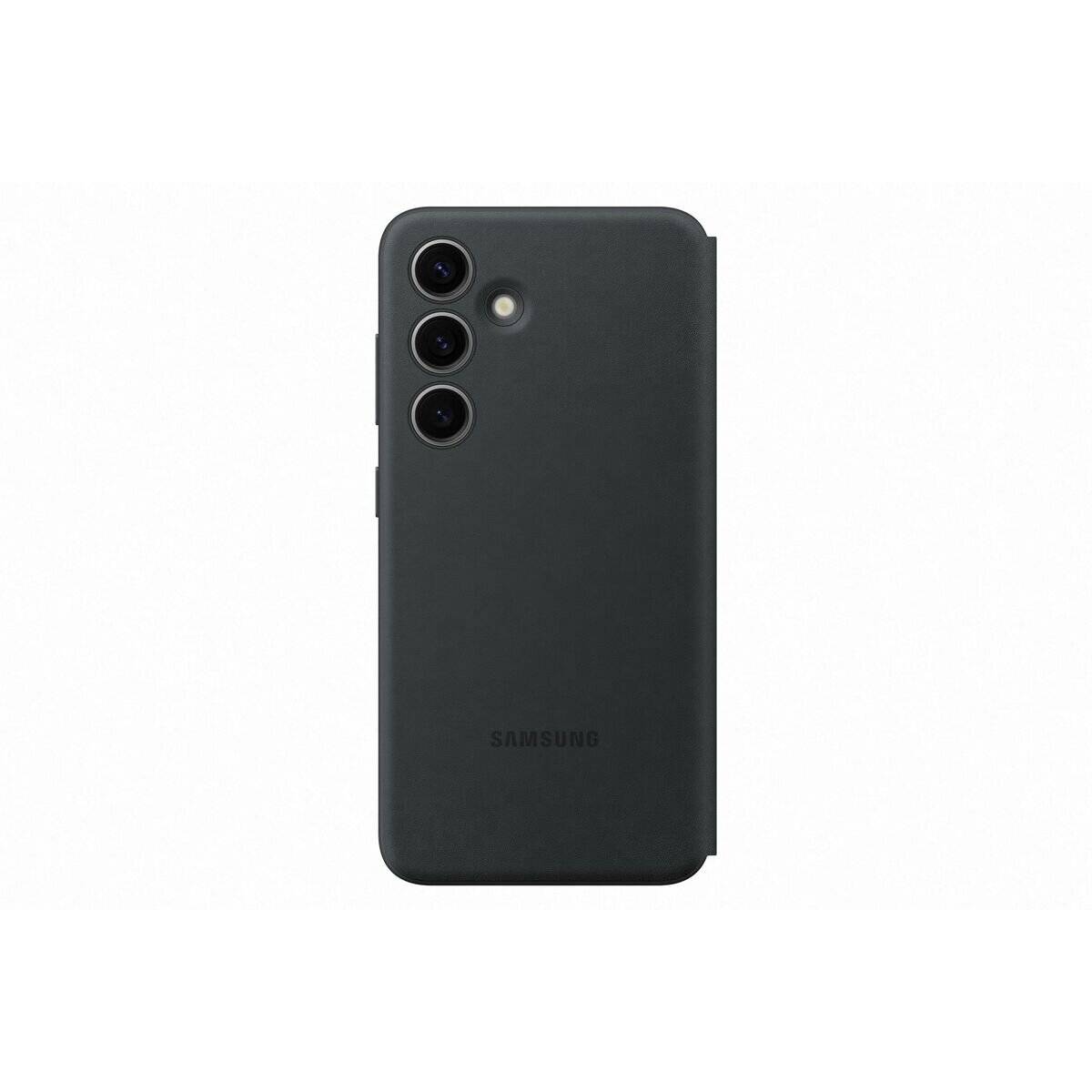 Rückansicht eines schwarzen Samsung-Smartphones mit drei vertikal auf der oberen linken Seite ausgerichteten Kameras.