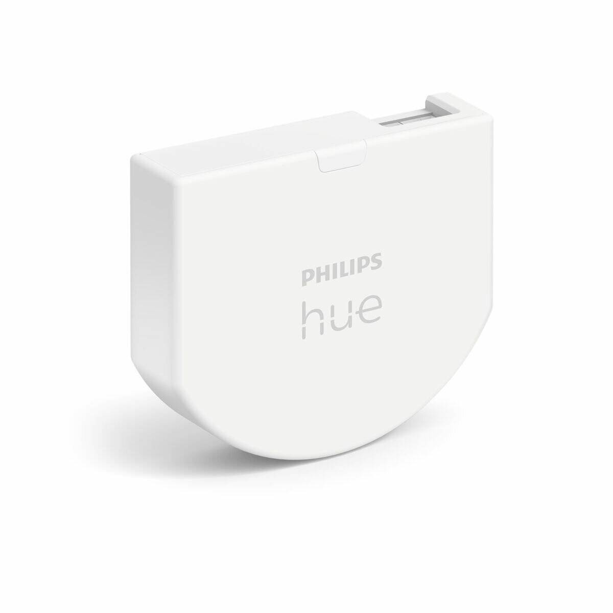 Ein kleines, weißes Philips Hue Smart-Schaltmodul, das entwickelt wurde, um hinter vorhandenen Wandschaltern platziert zu werden und die intelligente Steuerung von angeschlossenen Leuchten zu ermöglichen.