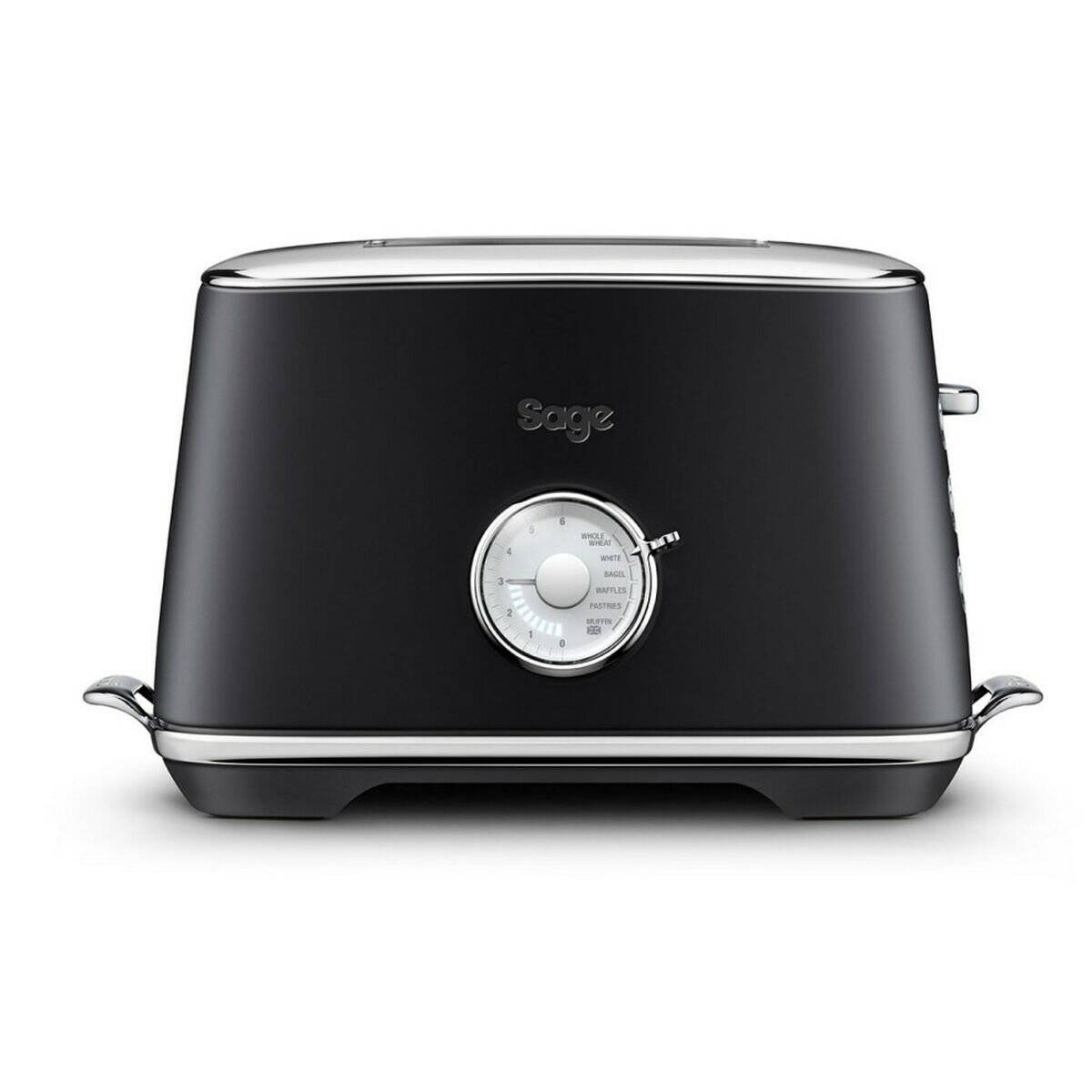 Ein schlanker schwarzer Toaster mit einem Chromdrehregler, mit der Aufschrift 