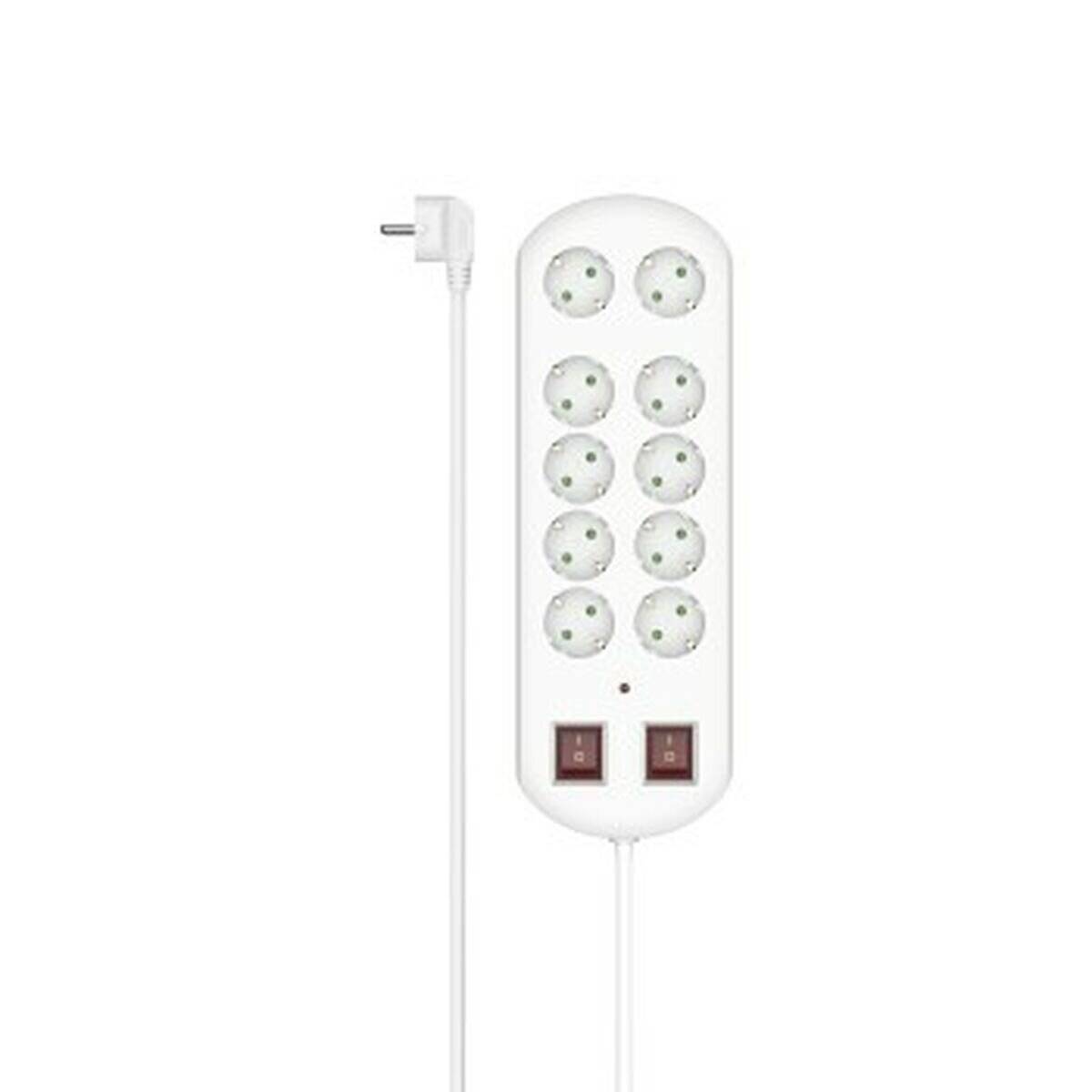 Eine weiße Steckdosenleiste mit zehn Steckplätzen und zwei Schaltern, die mit einem langen Kabel mit einem europäischen Stecker verbunden ist.
