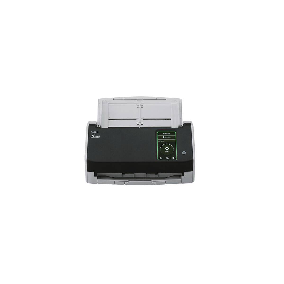 Ein Desktop-Dokumentenscanner mit kompaktem Design, ausgestattet mit einem Papierfach oben und Frontladevorrichtung für effizientes Dokumentenscannen.