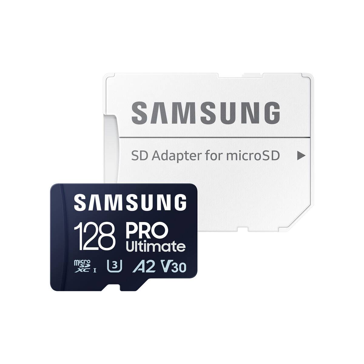 Samsung 128GB microSD Pro Ultimate mit SD-Adapter, mit A2-, V30- und U3-Leistungsbewertungen für hochgeschwindigkeiten Datentransfer.