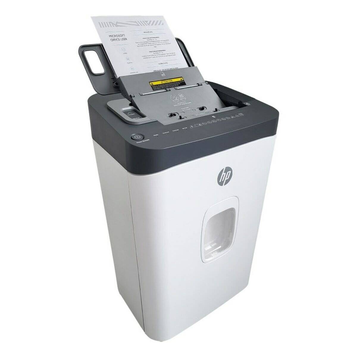 HP-Aktenvernichter mit teilweise eingelegtem Papier, bereit zum Zerkleinern. Zu den Merkmalen gehören ein Sichtfenster für den Auffangbehälter und Bedienelemente an der Oberseite für einfache Bedienung.