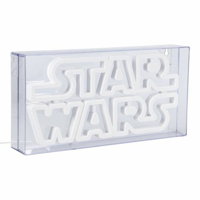Beleuchtetes 'Star Wars' Schild mit einem weißen 3D-Design, das in einer transparenten rechteckigen Box eingeschlossen ist.