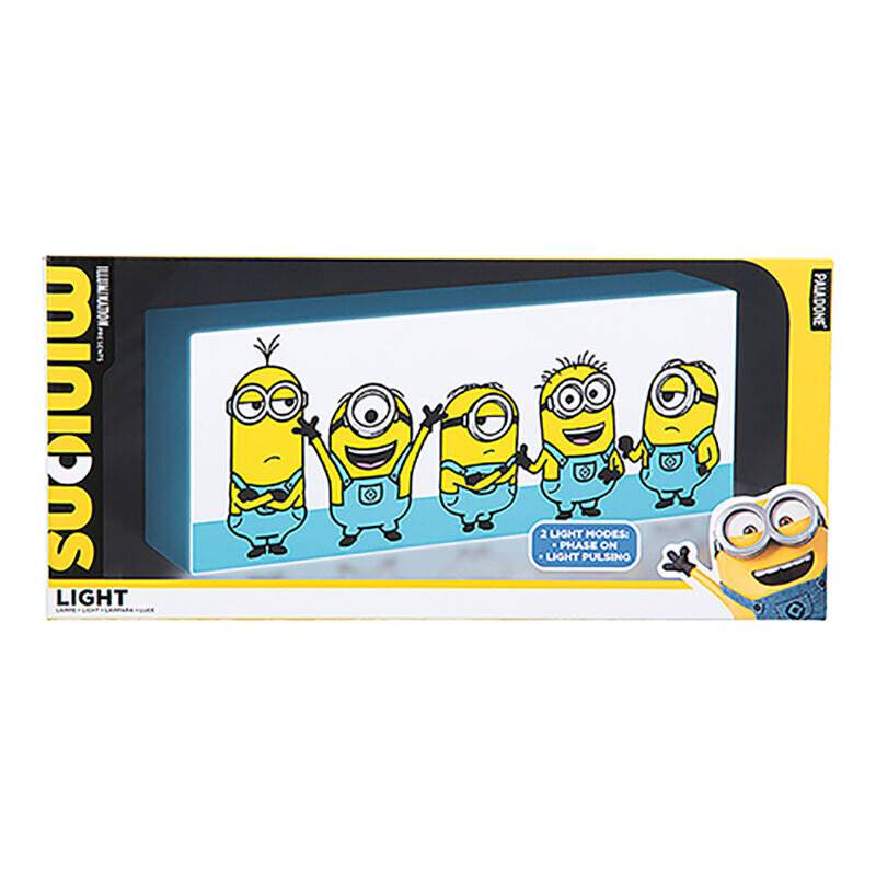 Eine Lichtbox-Anzeige mit fünf Cartoon-Minion-Figuren in verschiedenen verspielten Posen.