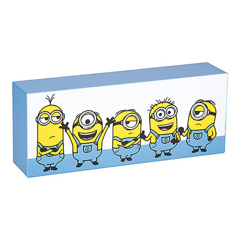 Eine rechteckige Taschentuchbox mit fünf gezeichneten gelben Figuren mit Schutzbrillen, die blaue Overalls tragen und verschiedene Emotionen zeigen.