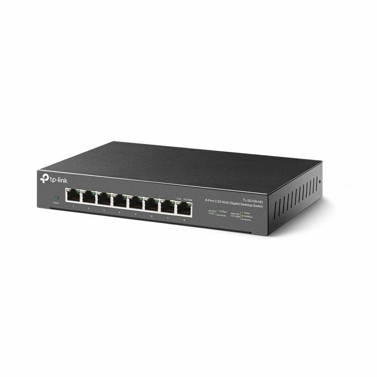 Schwarzer TP-Link 8-Port Gigabit Desktop Switch mit kompaktem Design, ausgestattet mit LED-Indikatoren für den Verbindungsstatus.