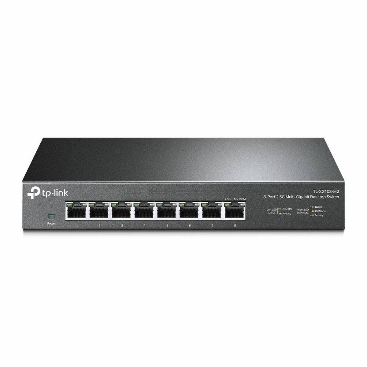 Ein schwarzer TP-Link 8-Port 2,5G Desktop-Switch mit mehreren Ethernet-Anschlüssen für Netzwerkverbindungen.