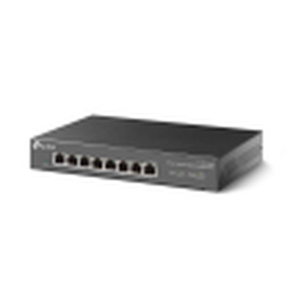Ein kleiner schwarzer Ethernet-Switch mit acht Ports an der Vorderseite für Netzwerkverbindungen.