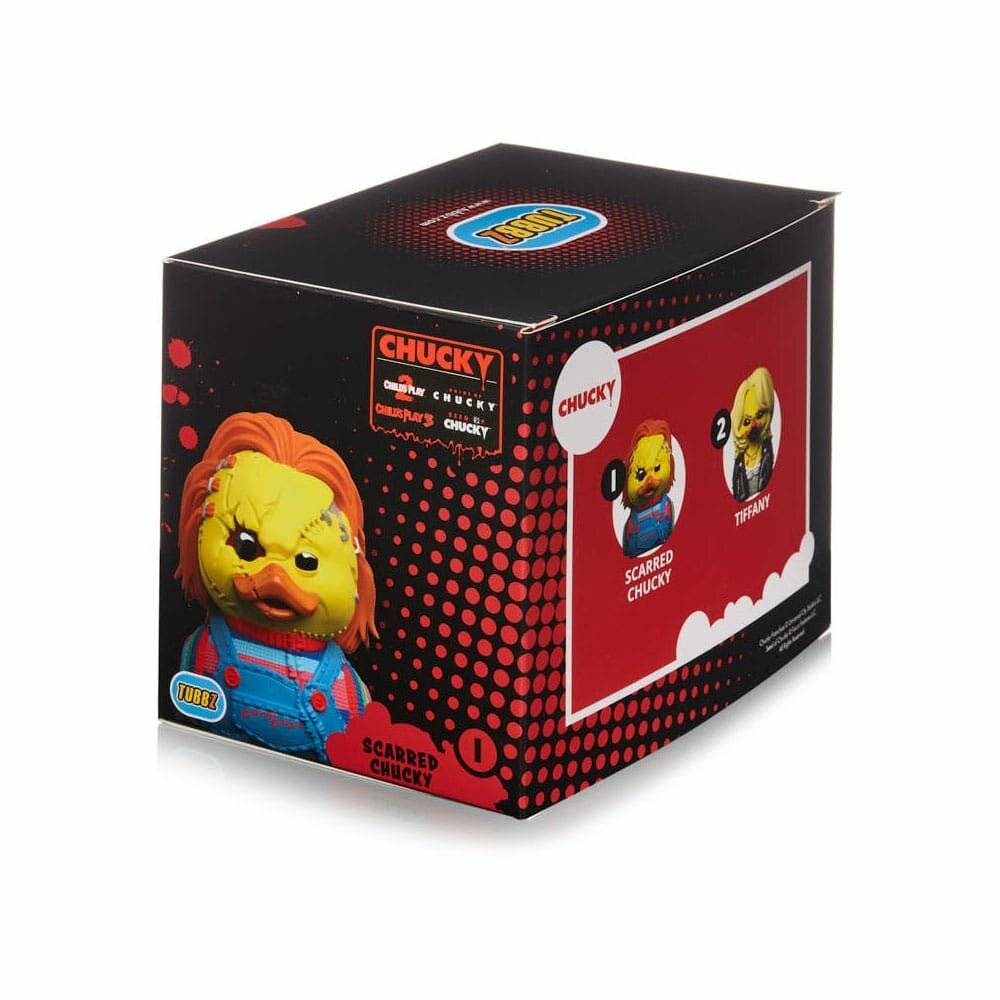 Verpackung mit einer Sammlerfigur mit dem Titel "Scarred Chucky"" aus der ""Child's Play""-Serie, mit einem Bild der Figur an der Seite.