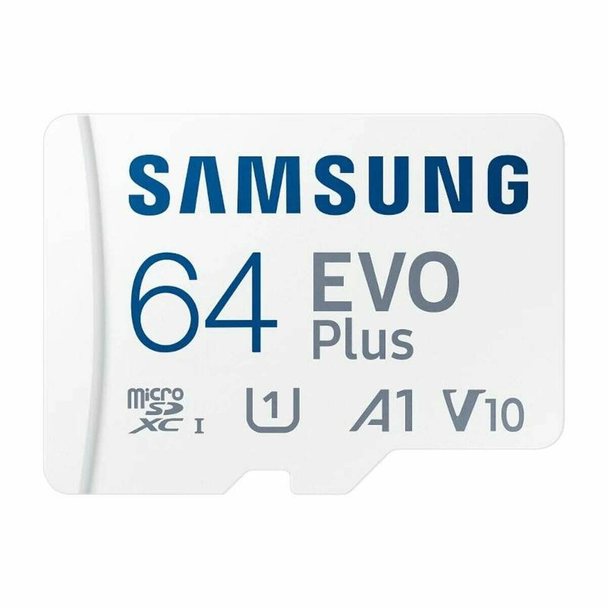 Samsung 64 GB EVO Plus microSDXC-Karte mit Klasse 10, U1, A1, V10-Bewertungen für schnelle Lese-/Schreibgeschwindigkeiten, geeignet für mobile Geräte.