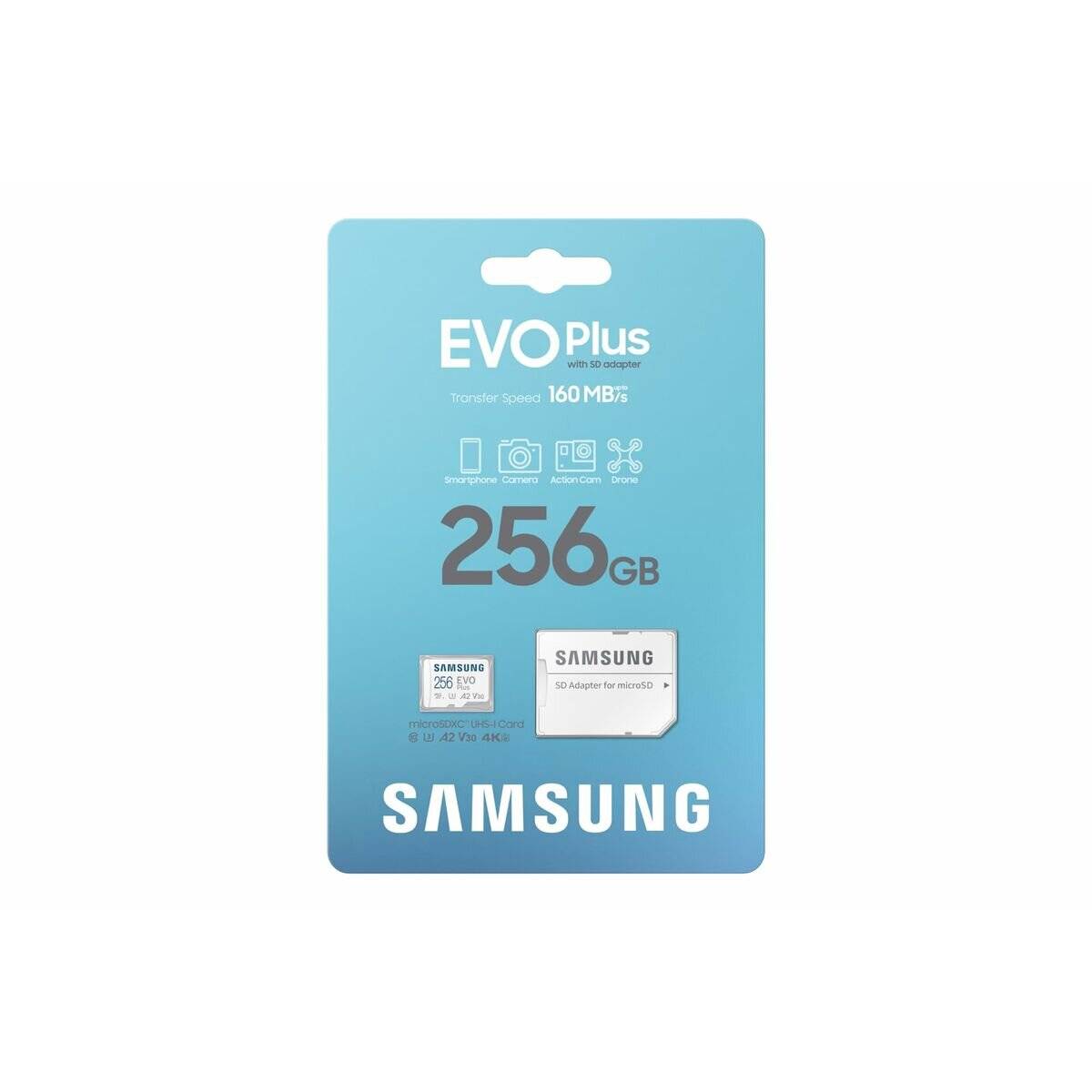 Samsung EVO Plus 256 GB microSD-Karte, Verpackung mit Hervorhebung von Funktionen wie 160 MB/s Übertragungsgeschwindigkeit, Symbole für 4K UHD, Smartphone und Kameranutzung.