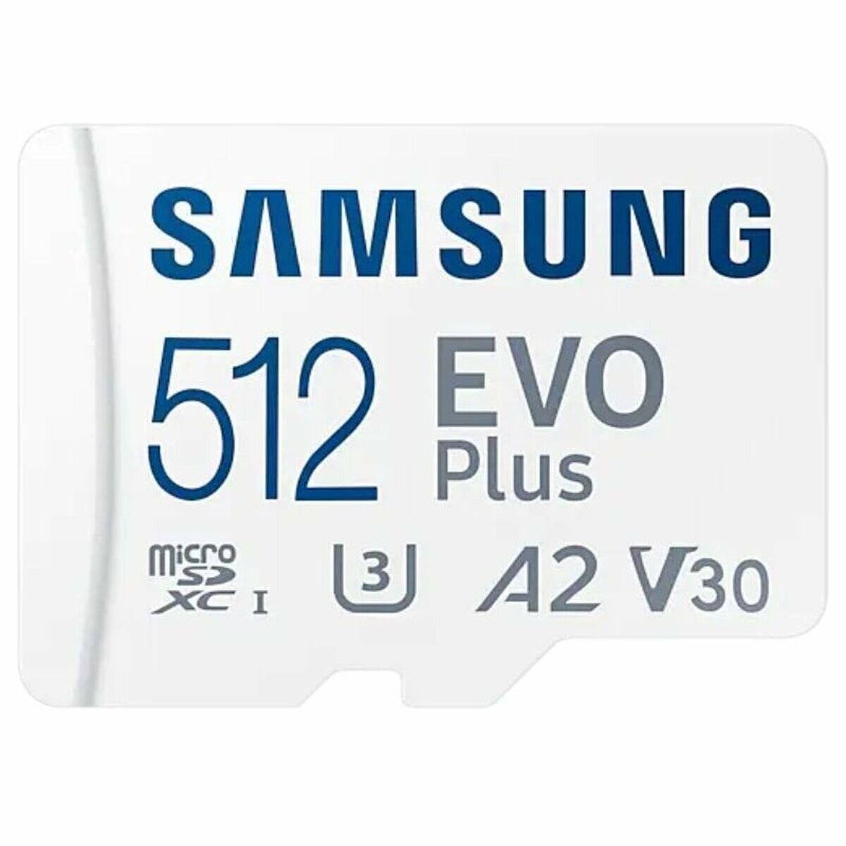 Samsung 512GB EVO Plus microSDXC Speicherkarte mit U3-, A2- und V30-Bewertungen, geeignet für High-Speed-Datenspeicherung und -übertragung.