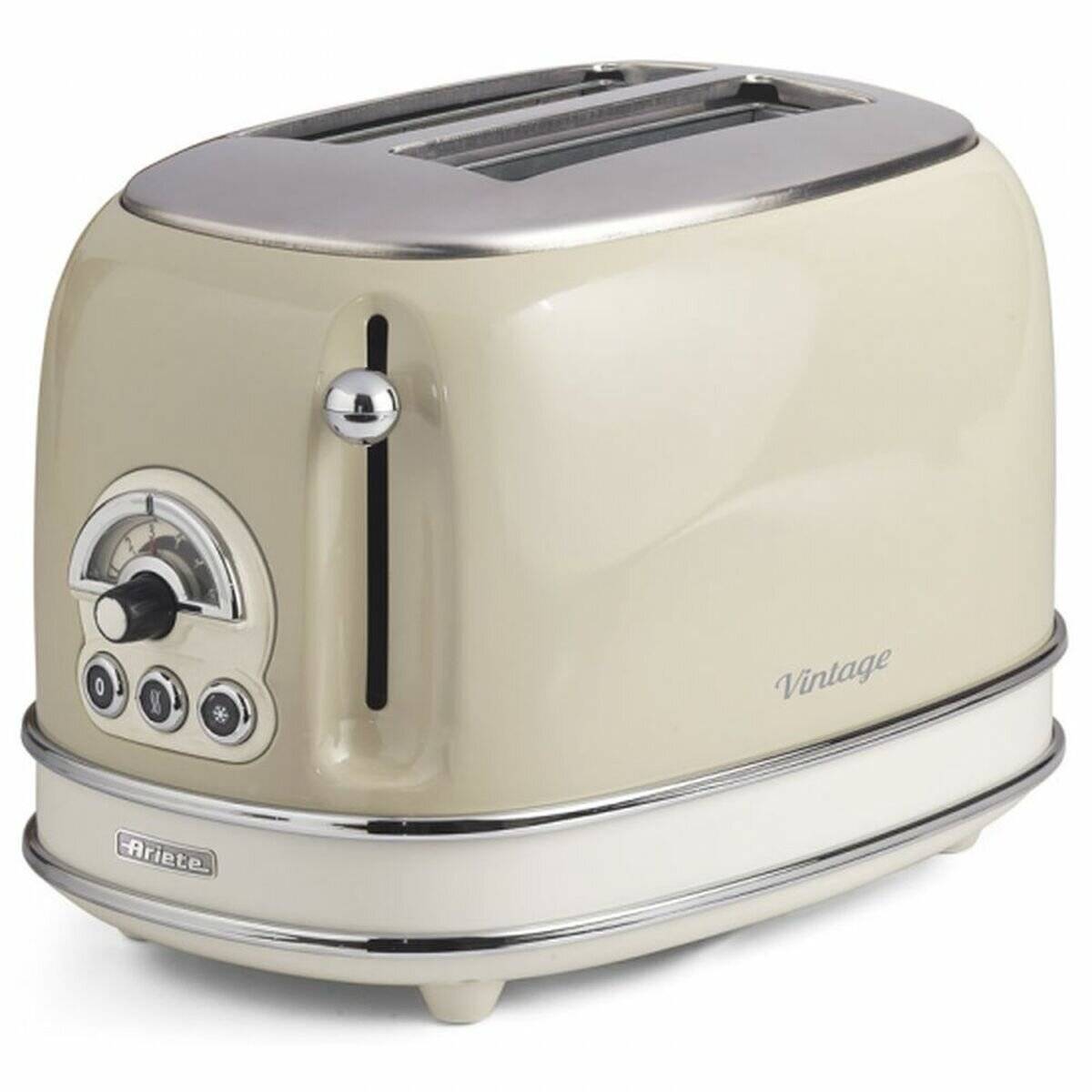 Ein Toaster im Vintage-Stil in Cremeweiß mit Edelstahl-Oberfläche, ausgestattet mit einem Drehregler und drei Bedienungstasten.