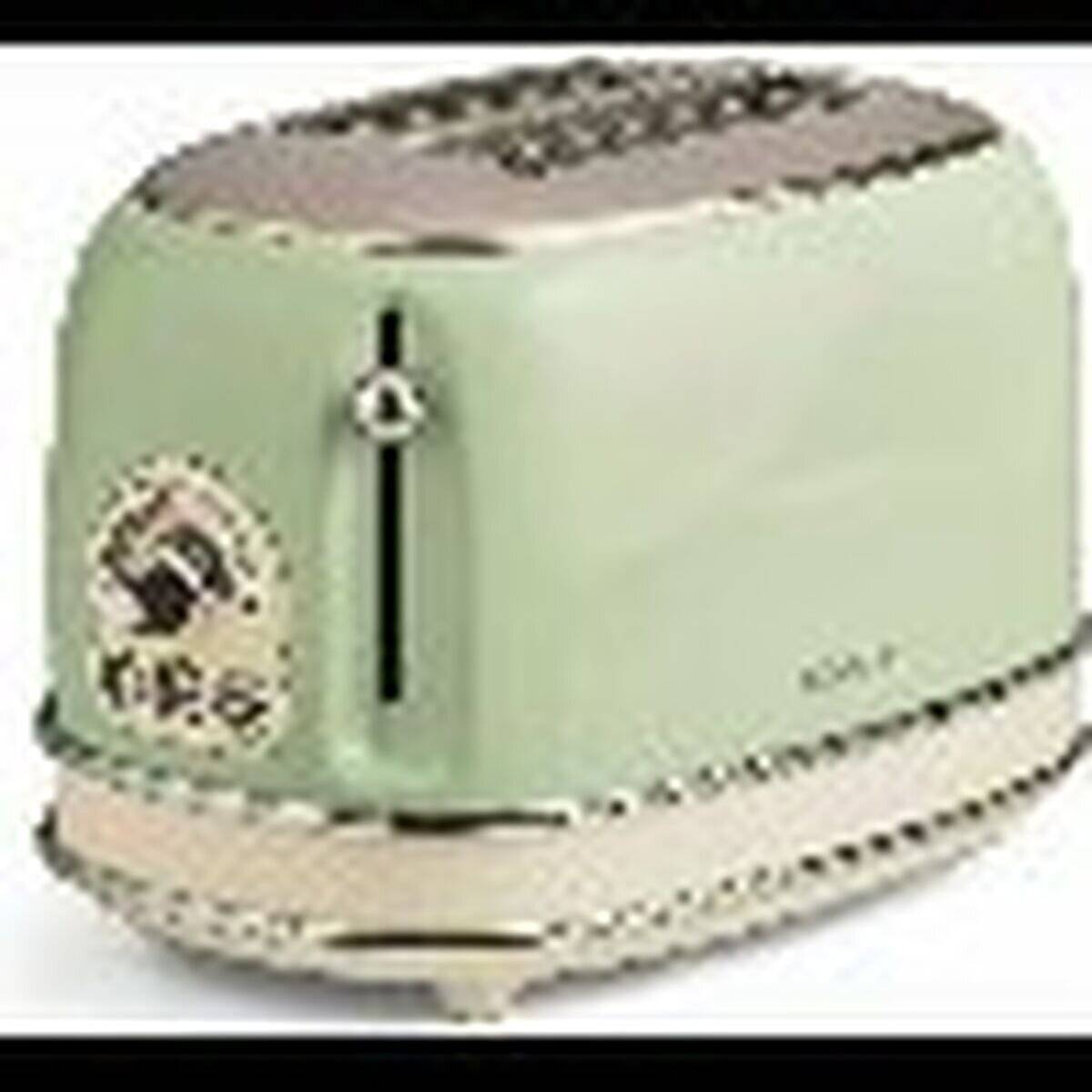 Ein Retro-Stil-Toaster in hellem Grün mit einer metallischen Oberseite, zwei Schlitzen und einem seitlichen Einstellknopf. Das Logo zeigt die Marke 'Smeg'.