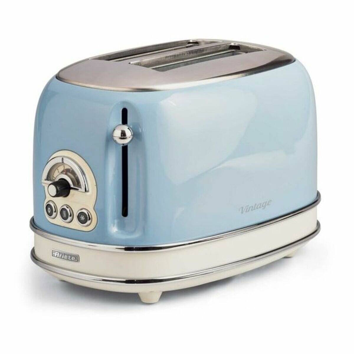 Ein Toaster im Vintage-Stil in Blau und Weiß mit zwei Schlitzen und einem verchromten Drehregler an der Seite zum Einstellen der Bräunungsstufe.