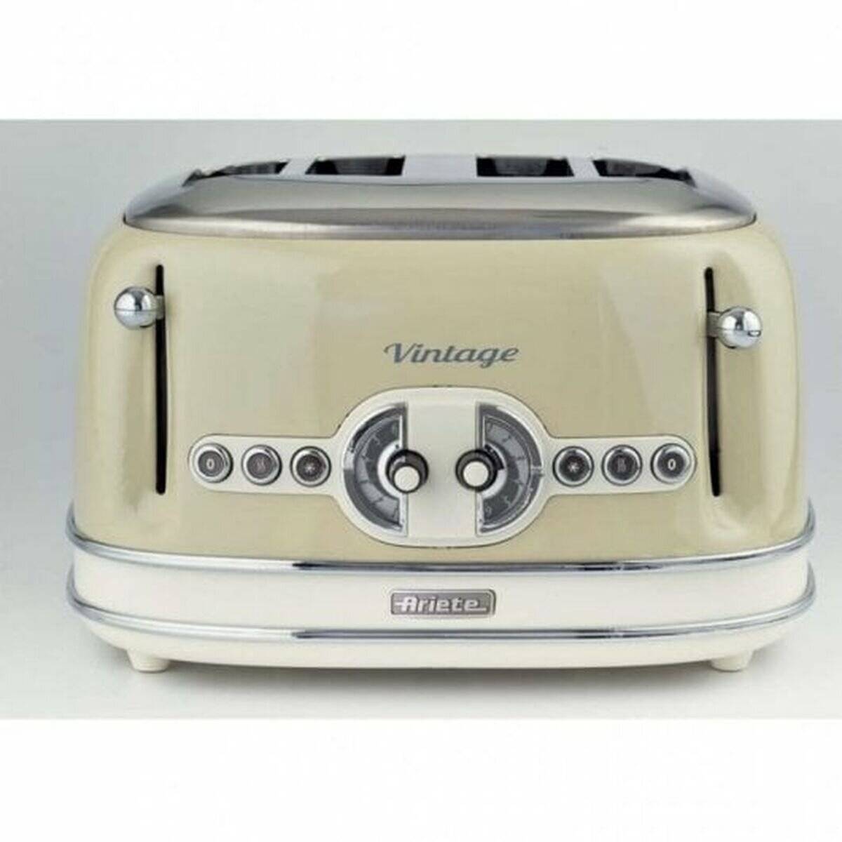 Ein beiger Toaster im Vintage-Stil mit Chrom-Akzenten, ausgestattet mit vier Schlitzen und klassischen Drehreglern, versehen mit den Markierungen ‚Vintage' und ‚Ariete'.