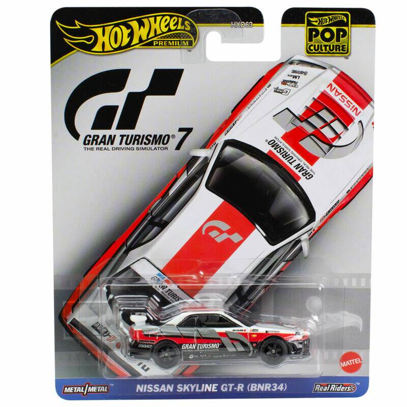 Hot Wheels Premium Spielzeugauto eines roten und weißen Nissan Skyline GT-R in Gran Turismo 7 Verpackung, Teil der Pop Culture Serie.
