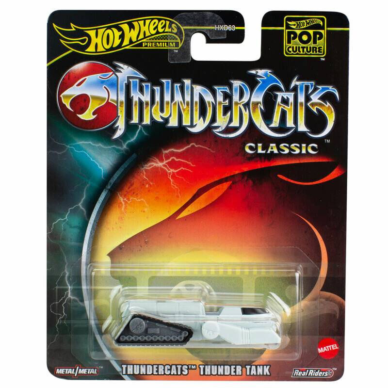 Hot Wheels Pop Culture Thundercats Classic Spielzeugverpackung mit einem Donnertank-Fahrzeug und thematischer Artwork.