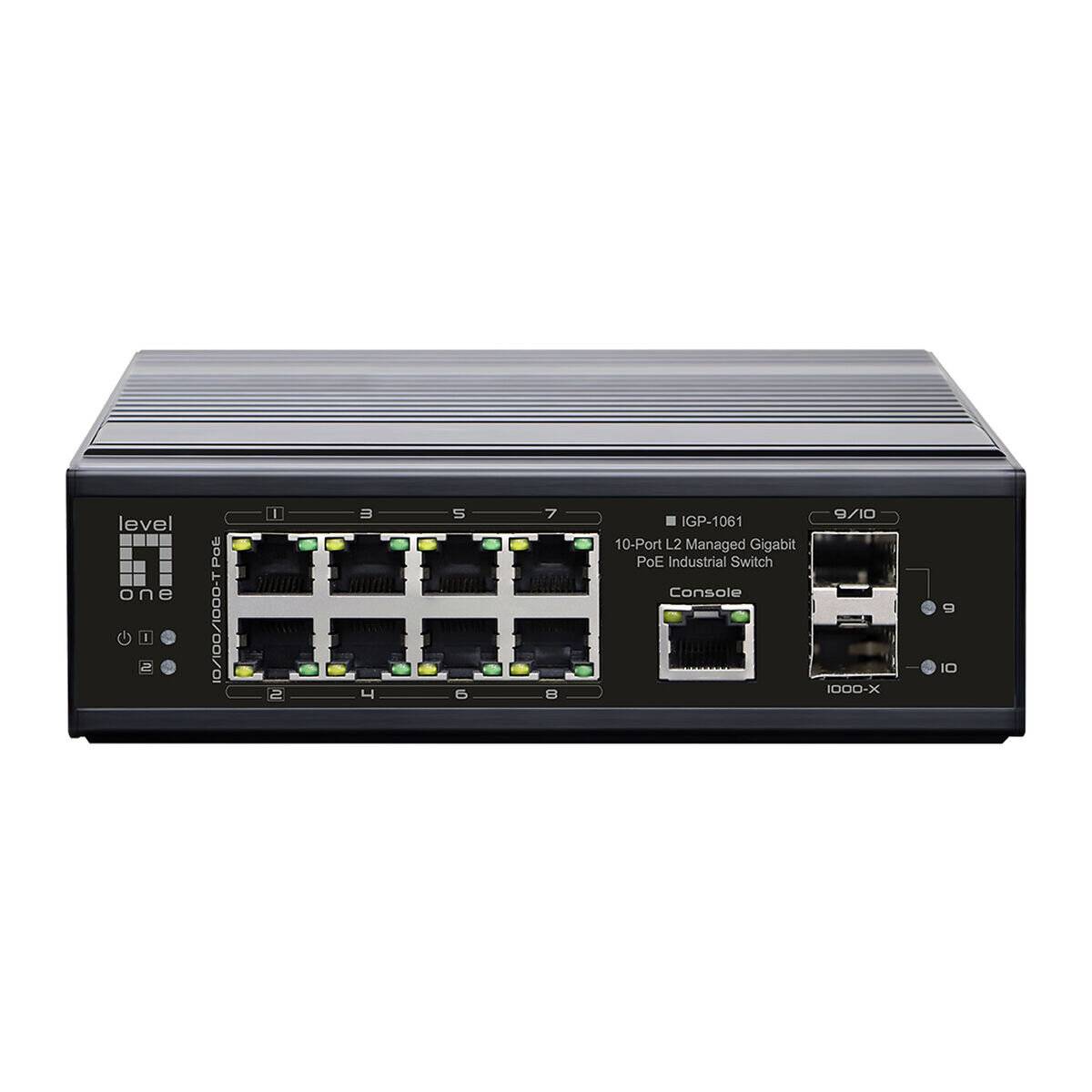 Ein schwarzer LevelOne IGP-0651 10-Port L2 verwalteter Gigabit-PoE-Industrieschalter mit acht RJ-45-Ports und zwei SFP-Steckplätzen auf dem Frontpanel.