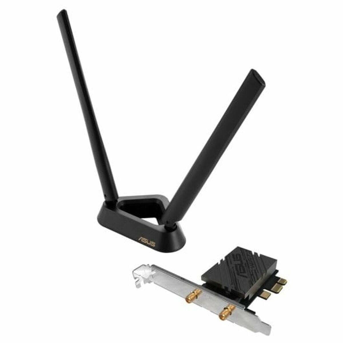 Ein Dual-Antenne-WLAN-Adapter mit einer PCIe-Karte von Asus, der die für eine verbesserte drahtlose Konnektivität in Computern angeschlossenen Antennen zeigt.