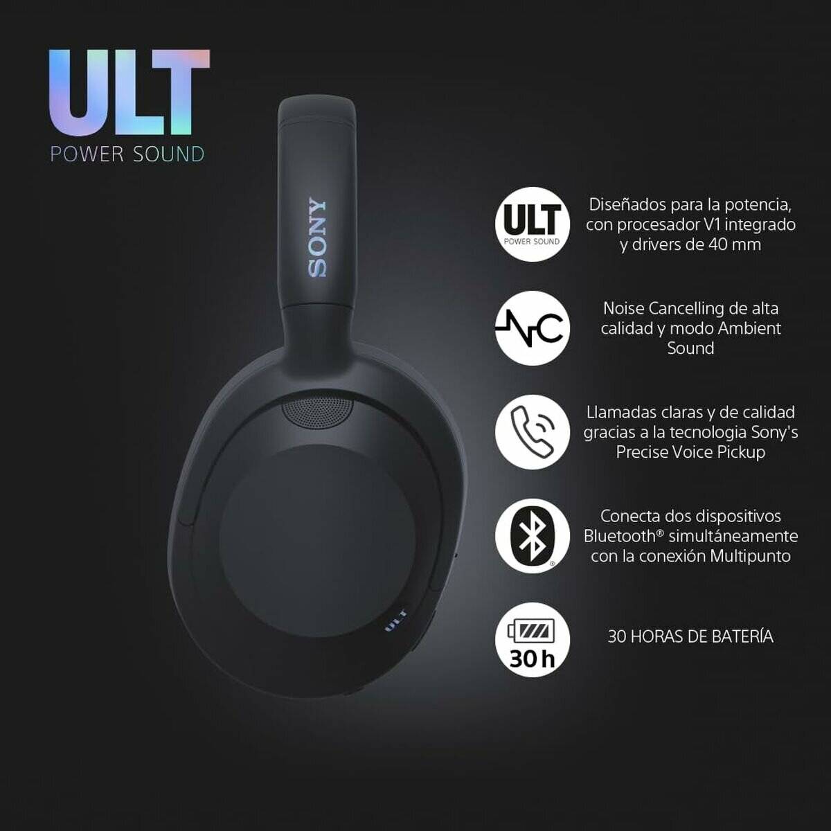 ULT Power Sound Kopfhörer mit Noise-Canceling und Ambient Sound Modus. Funktionen: Doppelte Bluetooth-Verbindung, 30 Stunden Batterielaufzeit.