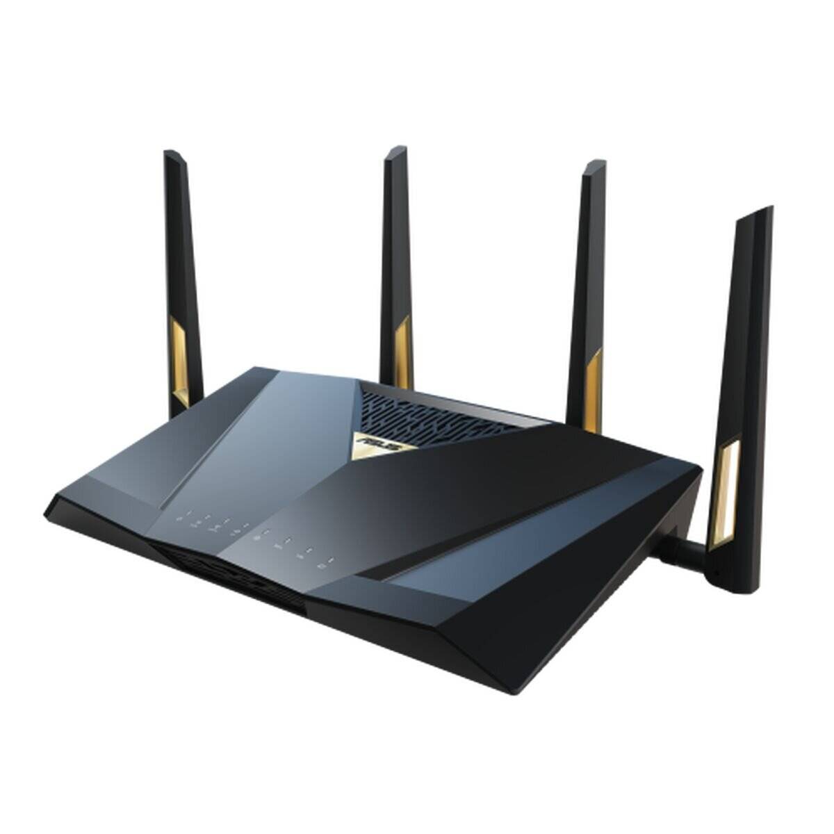 Ein schlanker, schwarzer WLAN-Router mit drei Antennen und modernem Design, ideal für Hochgeschwindigkeits-Internet und Gaming-Konnektivität.