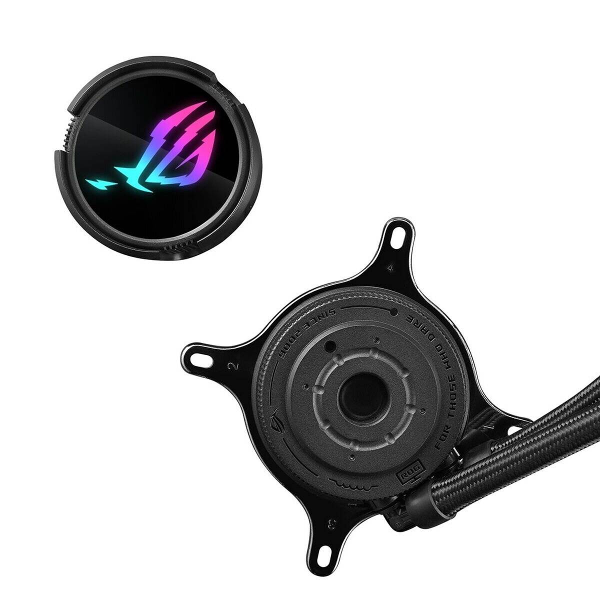 Kühlsystemkomponente mit einer kreisförmigen RGB-beleuchteten Pumpe, auf der ein Logo angebracht ist, und einem großen Lüfter oder Kühlkörperanbau, von oben betrachtet.