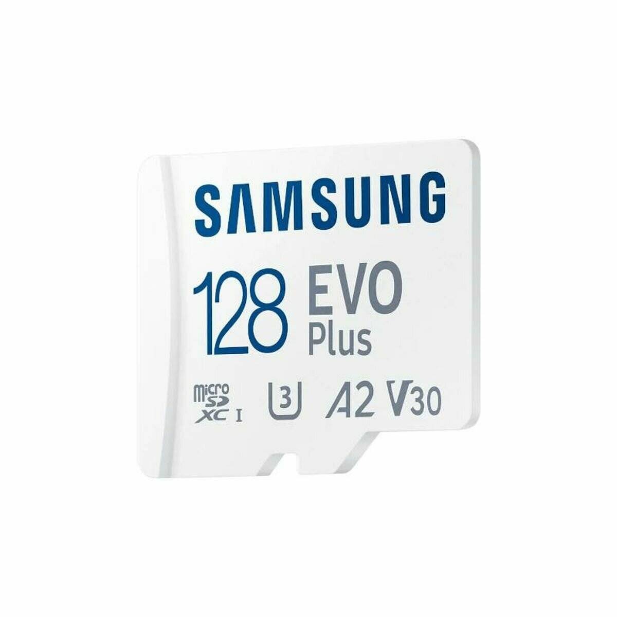 Samsung 128 EVO Plus microSD-Karte mit U3, A2, V30 Geschwindigkeitsbewertungen und microSDXC I Kompatibilität, in weiß-blauem Design dargestellt.