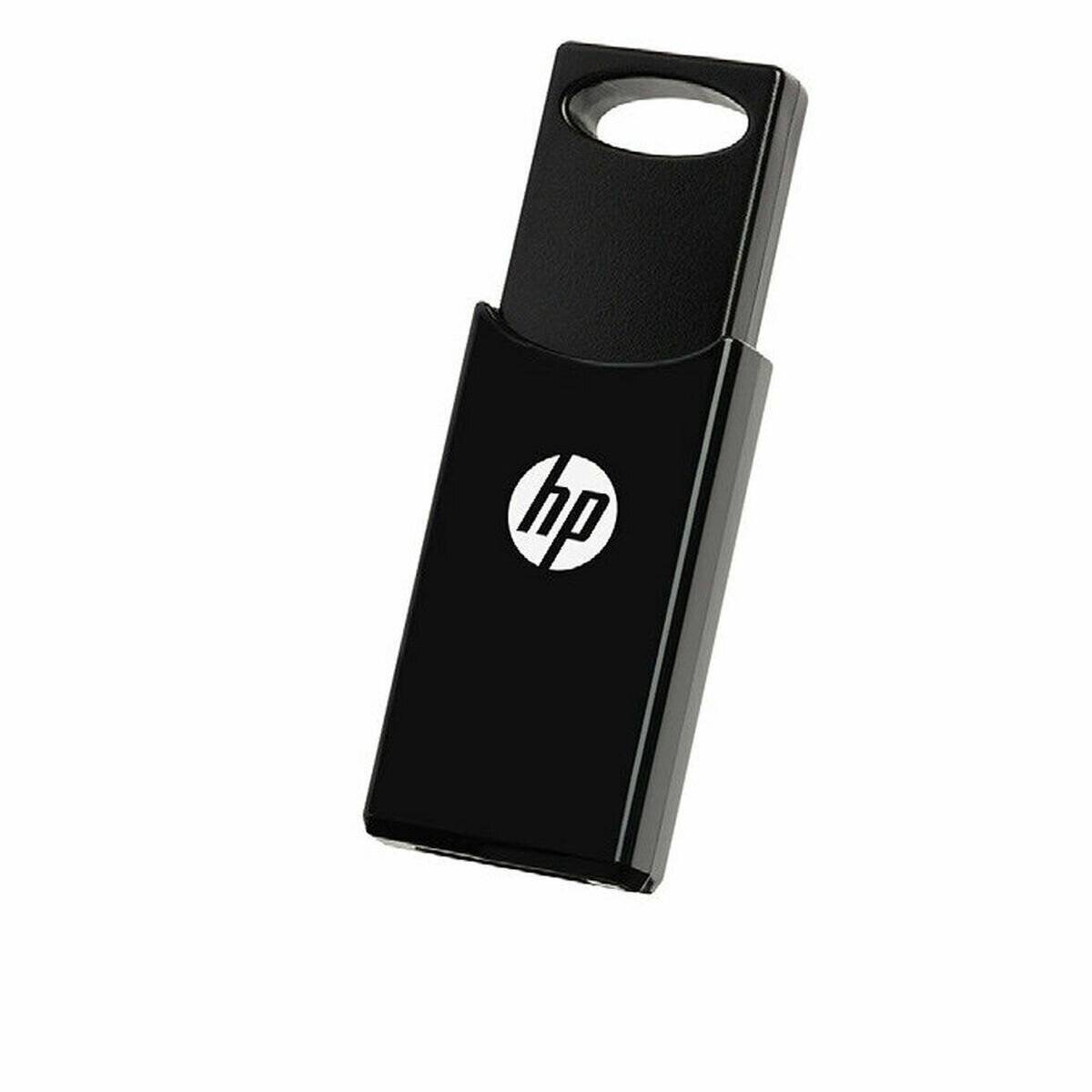 Ein schwarzer USB-Stick mit HP-Logo, ausgestattet mit einer Schlaufe zur Befestigung.