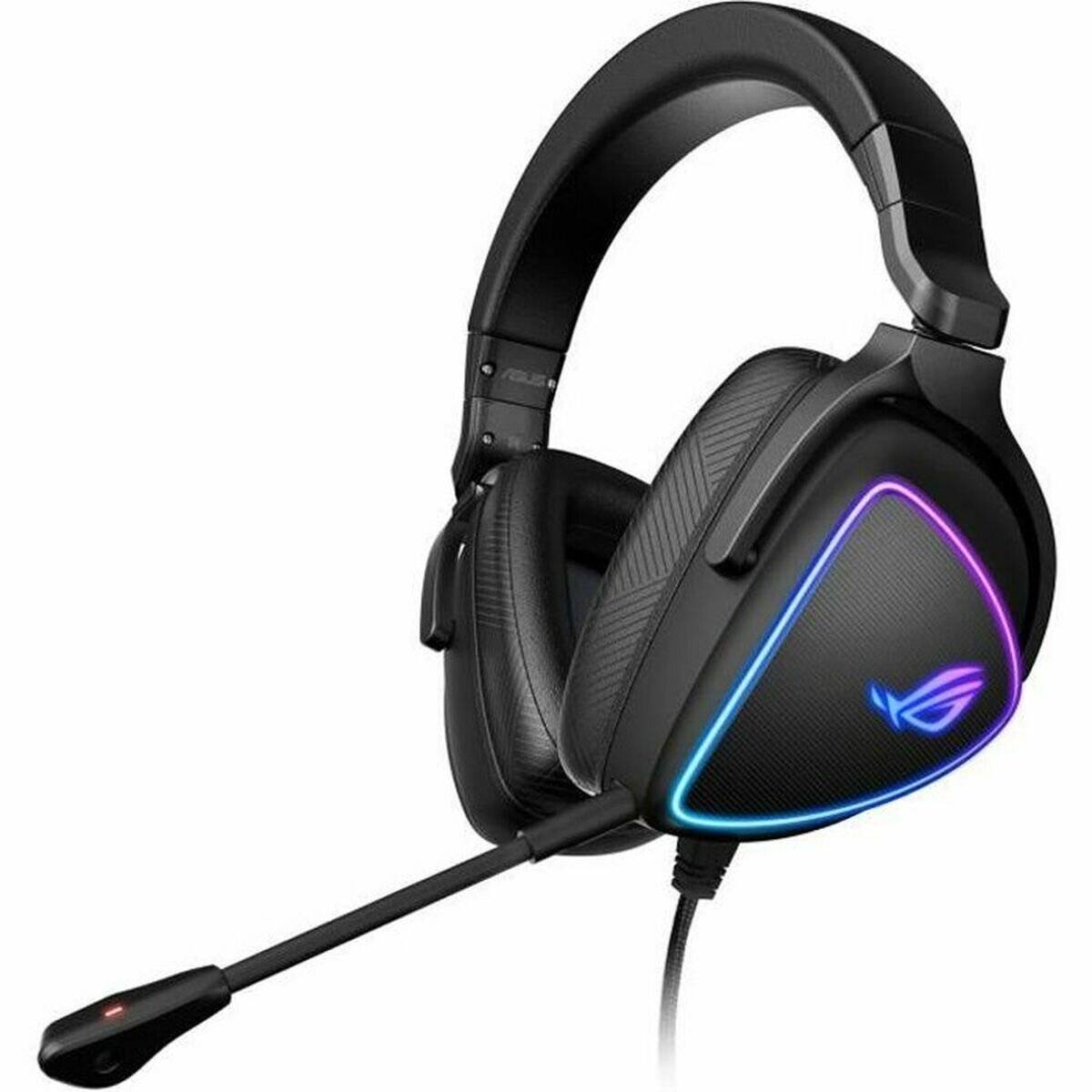 Schwarzer Gaming-Headset mit Mikrofon, ausgestattet mit RGB-Beleuchtung an den Ohrmuscheln und beleuchtetem ROG-Logo an der Seite.