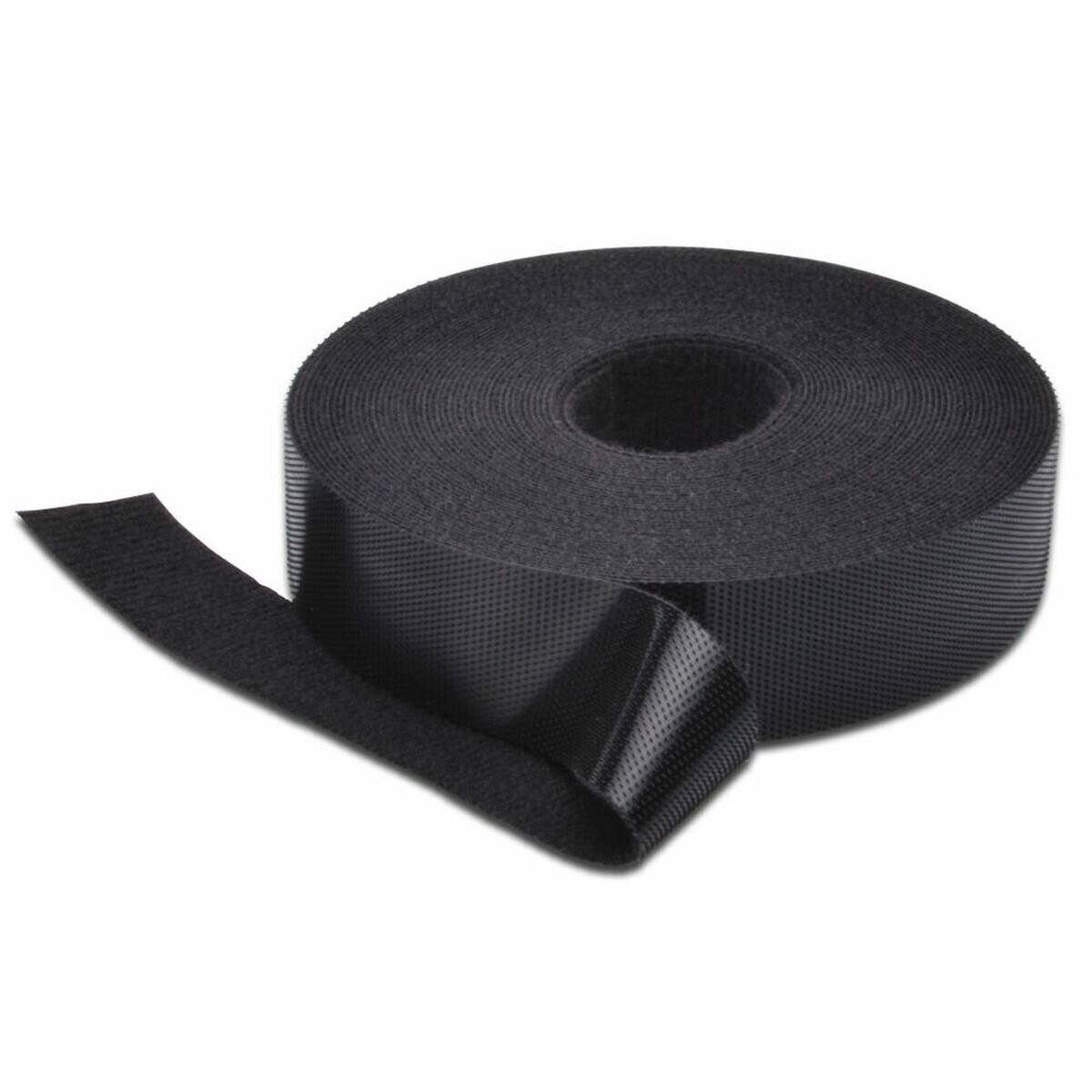 Ein schwarzer Klettband-Streifen mit einer abgerollten Länge, die die Haken- und Schlaufenstruktur zeigt.