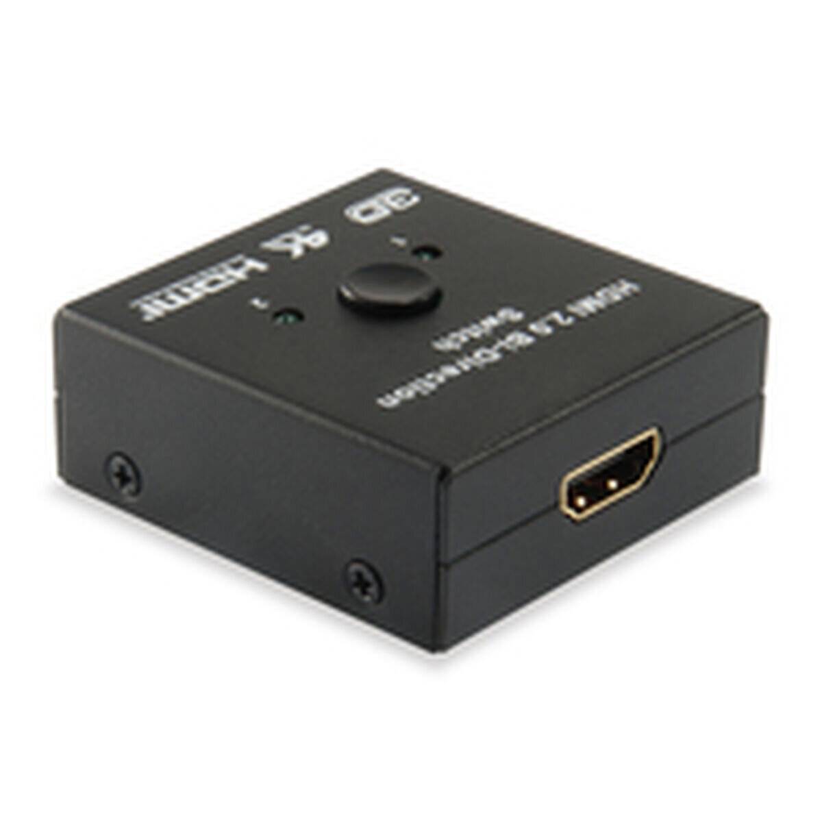 Ein schwarzer HDMI-Switch mit drei Anschlüssen und Eingabeauswahlschalter, beschriftet mit '3D 4K HDMI'. Entwickelt zum Anschluss mehrerer Geräte an einen Bildschirm.