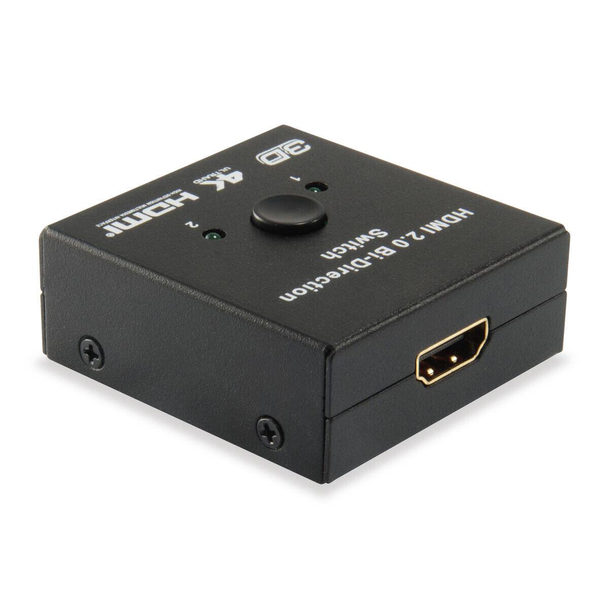 HDMI 2.0 Bi-Direktionaler Schalter, gezeigt auf einem kompakten schwarzen Gerät mit zwei Anschlüssen, der das Umschalten zwischen zwei HDMI-Eingängen oder -Ausgängen ermöglicht.
