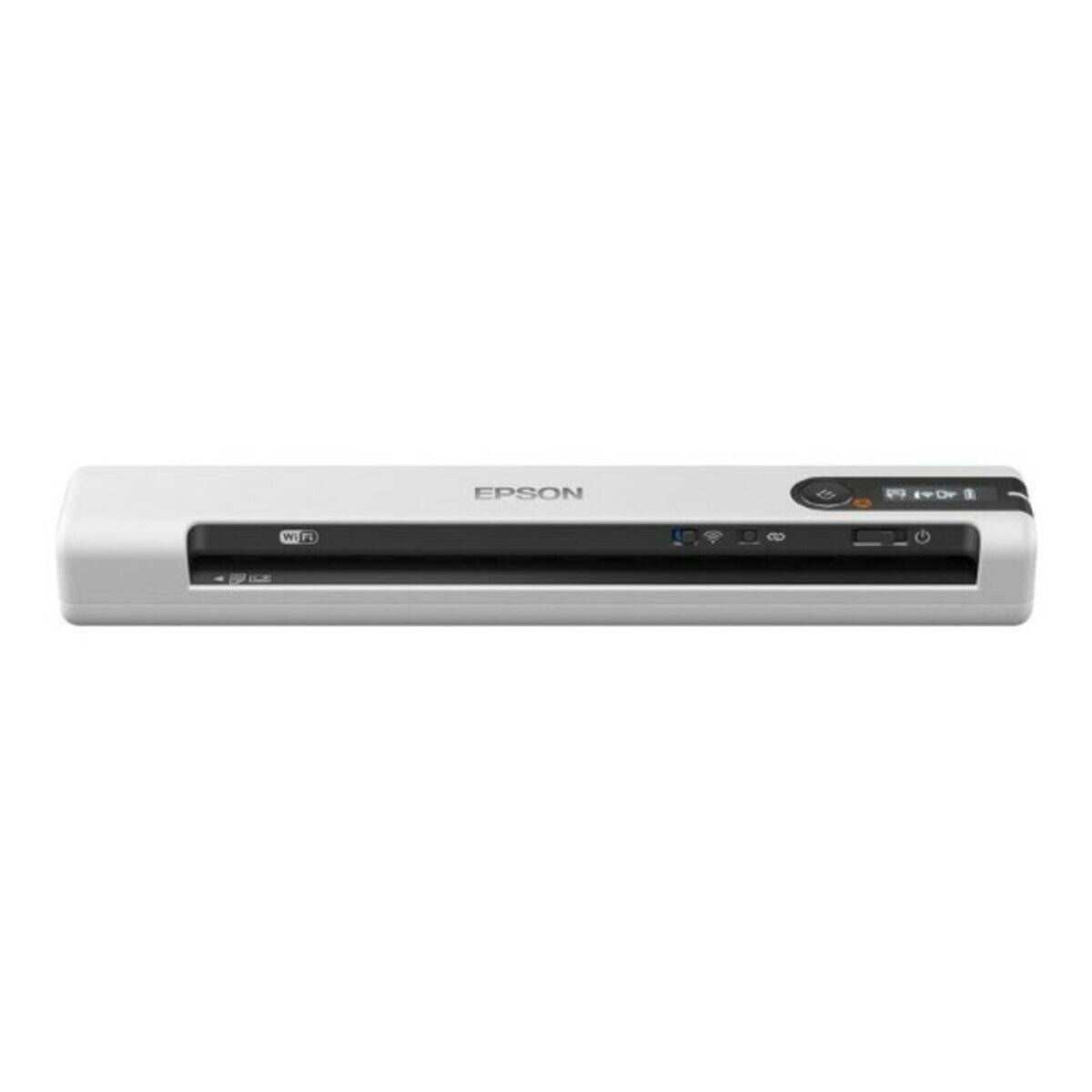 Epson-Scanner mit Frontansicht, der Tasten und einen Einschub zeigt, kompaktes Design für mobile Scananforderungen.