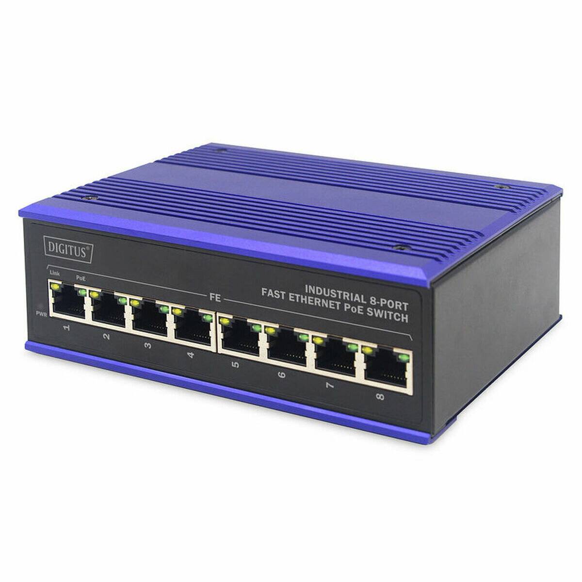 Ein industrieller 8-Port Fast Ethernet PoE Switch mit blauem Gehäuse und 'Digitus' Branding, der Strom- und LAN-Anschlüsse auf der Vorderseite zeigt.