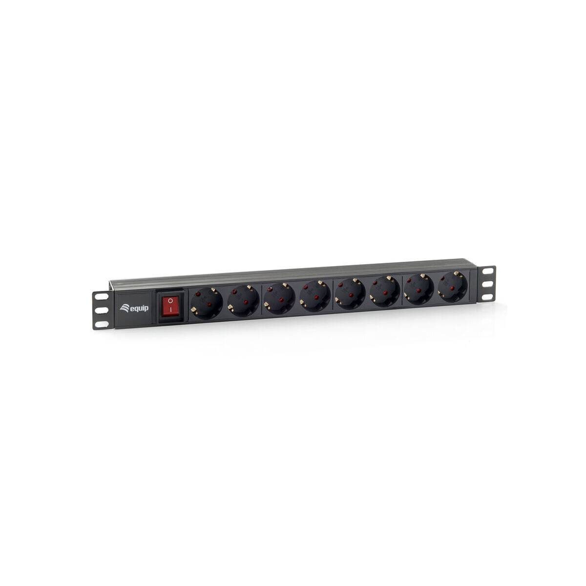 Ein schwarzes, rack-montierbares Steckdosenleiste mit acht europäischen Steckdosen und einem roten Ein-Aus-Schalter, konzipiert für Server- oder Netzwerkschränke.